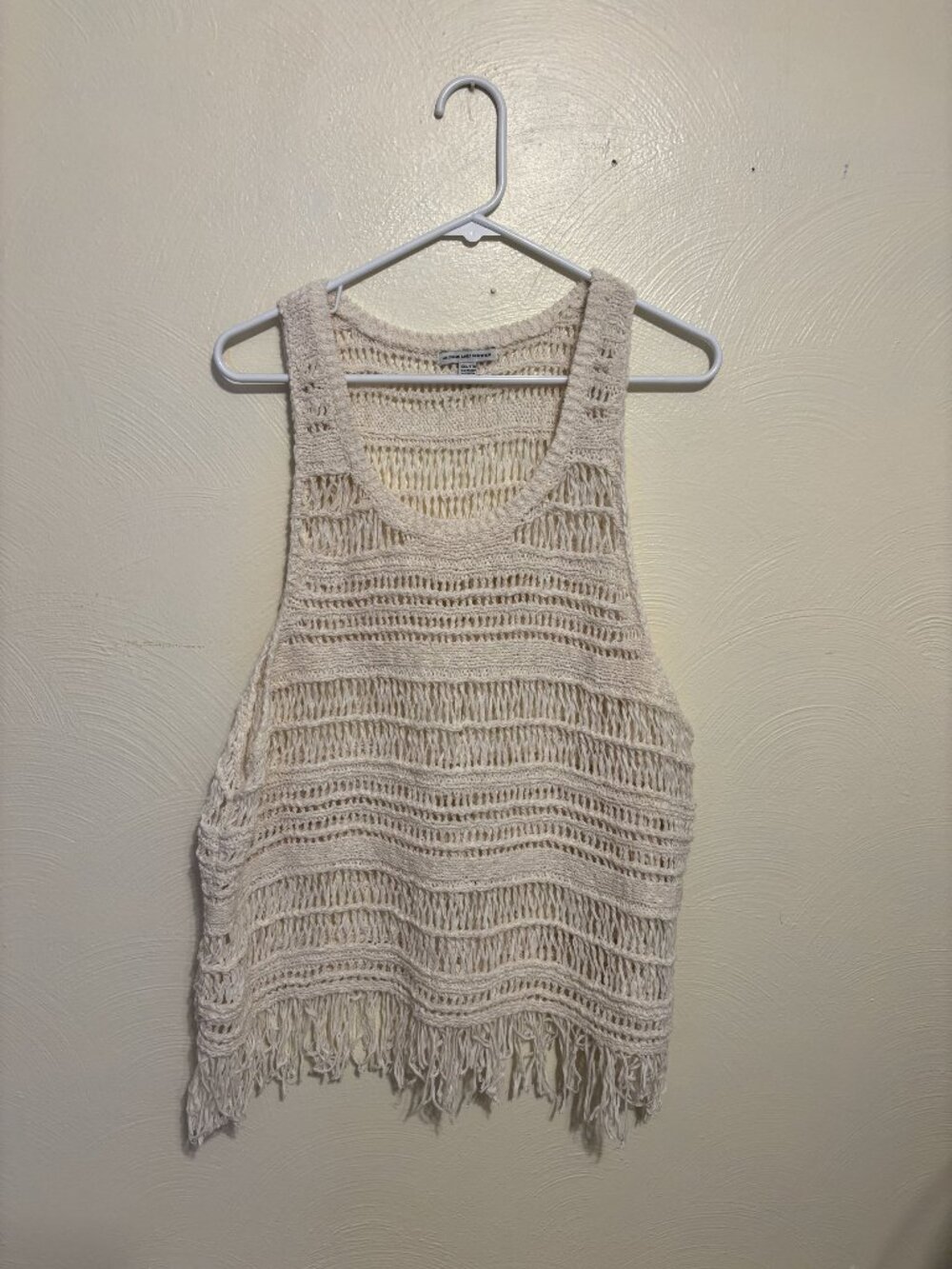 American Eagle Outfitters Crochet Fringe Tank Top XXL Ivory Open Knit Boho Style